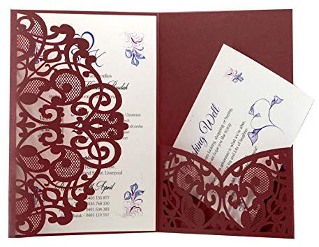 Egurs 10x Einladungskarten für Hochzeiten Verlobung Brautparty Party Lasercut Spitze Blume Hochzeitseinladungskarten mit Umschlägen Dunkelrot 10 Stück