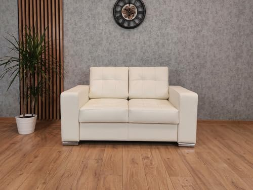 Quattro Meble Sofa aus weißem Leder Altweiß Gesteppt Echtleder 2 er Sofa Mallorca Pik Ledersofa Ledercouch Leder (Breite 150 cm)