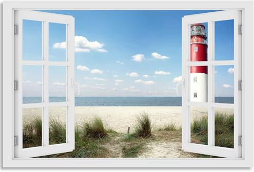 timalo Wandbild Outdoor wetterfeste Bilder für draußen | Gartenbilder Innen & Außen | Landschaftsbilder Acryl Glas Fensterblick Effekt | 100x50cm Nordsee Strand Leuchturm