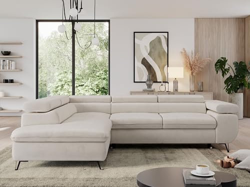 MKS MEBLE Sofa L, Wohnlandschaft L-Form mit Schlaffunktion und Bettkasten, Schlafsofa mit Bettkasten, Ecksofa, Sofa mit Einstellbare Kopfstützen, Pedro L - Hellbeige Velvet - Links