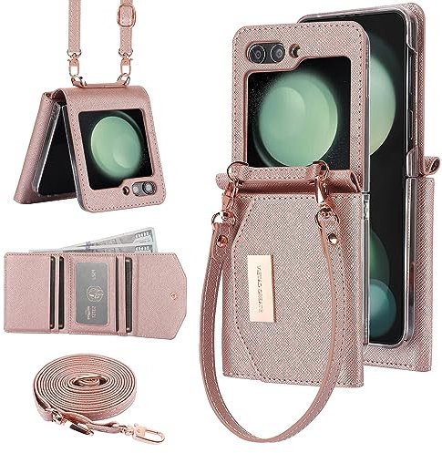 XIMAND für Samsung Galaxy Z Flip 6 Brieftaschen-Hülle mit integriertem Leder-Geldfach und Kreditkartenhalter. Armband und Scharnierschutz, tragbare Handyhülle für Damen (Roségold)