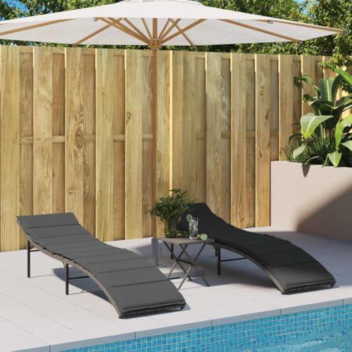 Homgoday Sonnenliegen 2 STK. mit Auflagen Doppelliege Gartenliege 3-Fach verstellbare Rückenlehne Liegestuhl Garten Relaxliege Outdoor Liege für 2 Personen Grau Poly Rattan