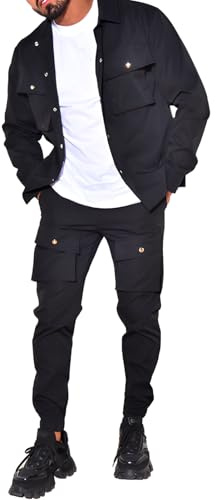 amropi Hommes Ensemble de Survêtement Veste à Boutons et Pantalons Cargo Jogging Combinaison avec Poches Noir, L