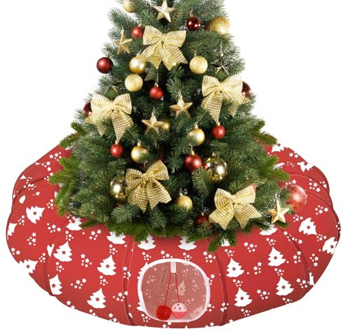 Pawaboo Katzentunnel Katzenbett, Faltbar Weihnachten Katzenspielzeug mit Zentraler Matte & Glockenball, Dekorativ Spieltunnel für Kaninchen Kätzchen Kleine und Mittelgroße Katzen, Roter Weihnachtsbaum