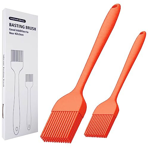 KitsKap Lot de 2 pinceaux à badigeonner en silicone pour huile, barbecue, grill, cuisson de sauce, passe au lave-vaisselle (Orange)