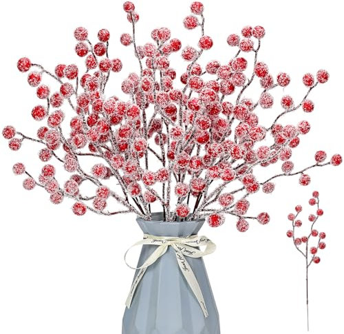 KKSTY 16 Pieces Artificial Snowy Berries Stems,9'' Christmas Holly Berries Picks Sprays Filler Branch for Xmas Decoration Wreath Making Supplies DIY Crafts Winter Season Home Party Décor (Red)