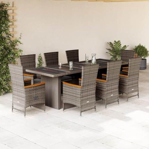 Tidyard 9-TLG.Garten-Essgruppe mit Kissen Gartenmöbel Set Sitzgruppe Balkonmöbel Sitzgarnitur Garten Lounge Sitzgarnitur Lounge Möbel Terrassenmöbel Set Esstisch mit Stühle Grau Poly Rattan