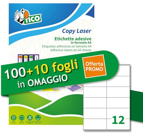 Tico Italia LP4W-10548P Mehrzweck-Etiketten, weiß, 100 + 10 extra Blatt, rechteckig, 105 x 48 mm, 12 Etiketten pro Blatt, permanent haftend, für Laser- und Tintenstrahldrucker