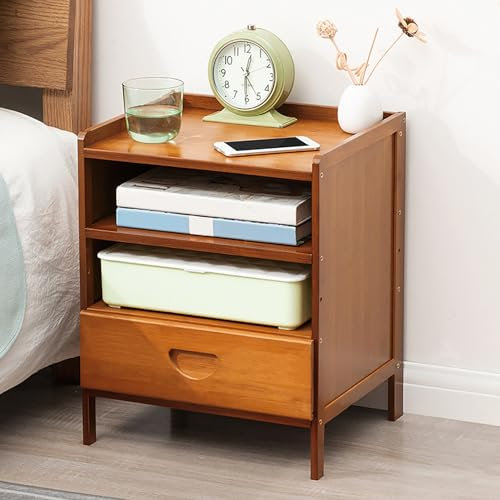 Table de nuit en bambou avec tiroirs et armoire de rangement pour chambre à coucher et salon (35,6 x 30,5 x 45,7 cm, noyer)
