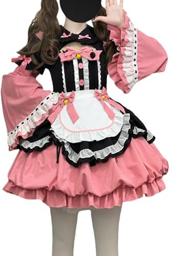 HIMI HIMIFASHION Robe de princesse japonaise Lolita mignonne avec nœud papillon – Costume de soubrette pour adolescente – Costume pour fête d'anime et costumade (noir et rose, taille M)