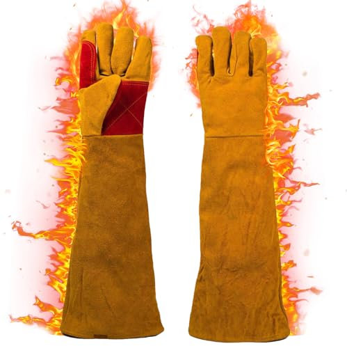 Heat Resistant Welding Gloves - 24 inches Leather Fire Gloves for Wood Burners Heavy Duty Gardening Gloves with Kevlar for Safety Working BBQ Grill Stove Oven Fireplace Animal Handling TIG MIG