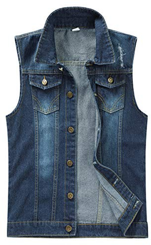 YOUTHUP Weste Herren Denim Weste Jacke | Freizeitweste, Ärmellose, Ausgefranste, Knopfleiste, Umlegekragen, Blau