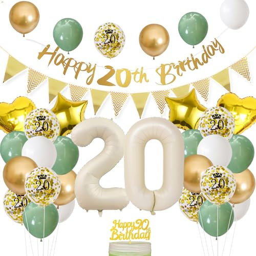 20 Geburtstag Frauen Männer,Deko 20. geburtstag Frauen,Salbeigrüne Geburtstagsdeko 20 jahre Frauen,Folienballon Zahl Luftballon 20.Geburtstag Happy Birthday Girlande Geburtstagsdeko Frauen 20 Jahr