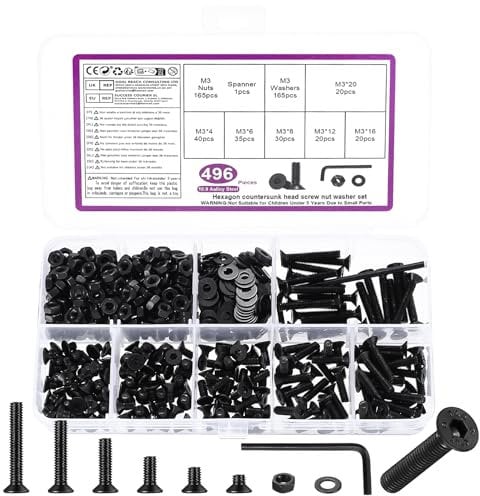 496 Pz M3 Set di Viti, Bulloni e Dadi Set, Viti Bulloni a Testa Piatta Esagonale con Esagono Incassato, Vite a Testa Svasata e Dadi e Rondelle, Nero