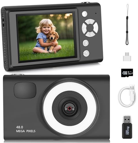 Digitalkamera 1080p Fotoapparat Digital Kamera mit 64G Karte Fotokamera mit Batterie Einfache Tragbare 16X Digitalzoom Digitalkamera für Kinder Teenager Student Senioren Anfänger (Schwarz)
