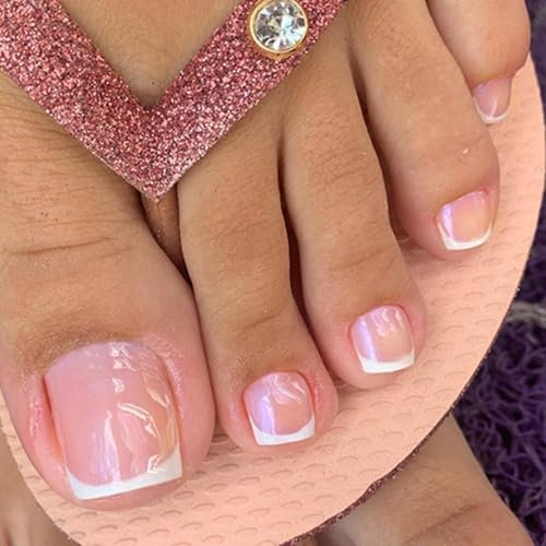 False Toenails Short - French Tip Press on Toe Nails - Pink Square False Toe Nails - 24Pcs Light Weight Stick on Toenails with Glue - Fake Toenails in 12 Sizes
