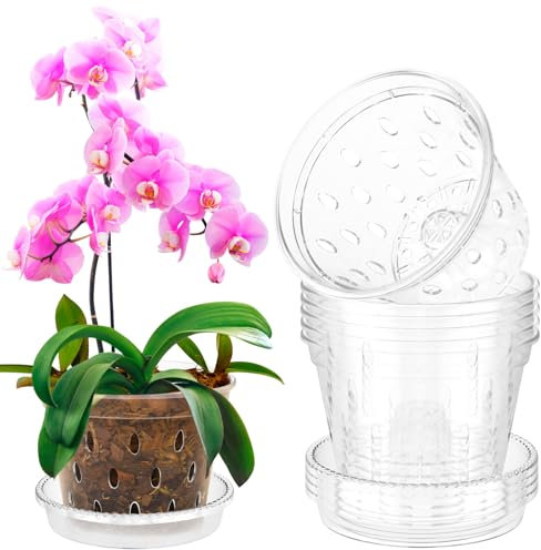 NIHUIFDPY 5Pcs Orchid Pot for Repotting 4 Inch Transparent Slotted Orchid Planter Pots with Holes and Saucers Plastic Clear Nursery Pots for Orchids Repotting Kit(4 inches)