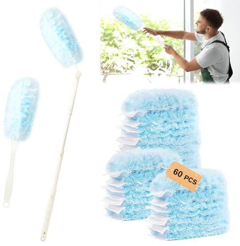 Forbabe Swiffer Lot de 62 plumeau à poussière 360° pour Swiffer Duster avec 1 poignée et 1 tige télescopique pour la maison et le bureau pour nettoyer les poils d'animaux, la poussière et la saleté