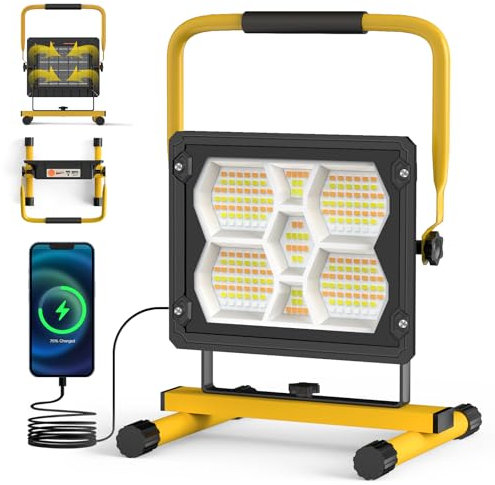 Sararoom LED Baustrahler Akku 100W, Tragbare LED Strahler Akku mit Solarpanel, 5 Lichtmodi & Powerbank, Dimmbar Notfallleuchte, IP65 Wasserdichte Arbeitsleuchte für Garage Werkstatt Camping Baustelle
