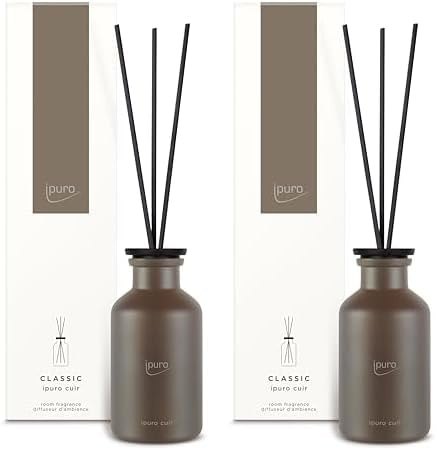 ipuro - Classic Raumduft Cuir - 240ml | Raumerfrischer mit Zitrusnoten, Vanille, Leder & dunklen Hölzer - Duft | Diffuser mit Stäbchen | Sinnlicher Lufterfrischer für die Wohnung (Packung mit 2)