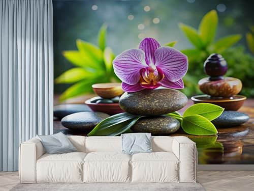 Zen Flowers Wall Mural, Self Adhesive Wallpaper Peel and Stick, Stone Forest Home Decor Photo Wallpaper, Silk Cloth Mural for Living Room & Bedroom, 100x70 cm - N-106