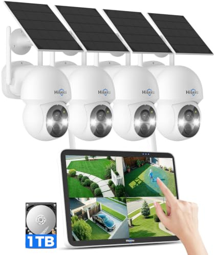 Hiseeu 4MP Solar Wireless CCTV Camera System, 10 Touch Screen & 1TB HDD | 4x 4MP Battery Powered Outdoor Security Cameras, PIR Motion Detection, Colour Night Vision, 2-Way Audio, IP66, Remote Viewing