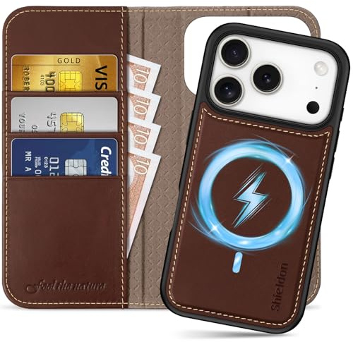 SHIELDON 2 IN 1 Echtleder Hülle für iPhone 17 Pro 6,3 5G, Retro Kaffee | Abnehmbare Schutzhülle, Kabelloses Laden, Ständer, RFID Blocker, Handy-Ösen, 3 Kartenfächer, Magnet, Klappbar Ledertasche