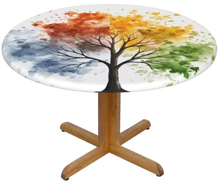 Tovaglia rotonda con albero quattro stagioni, tovaglia ad acquerello con bordo elastico, impermeabile, elasticizzata, per tavolo da pranzo da cucina, 100-112 cm