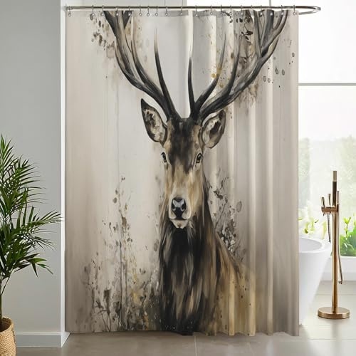 NAWVNMI Duschvorhang für Badezimmer, Hirsch Horn Aquarell Tier, Duschvorhang mit 12 Haken, Badedekoration, wasserdichter Stoff, Badvorhang-Set, 180 x 200 cm