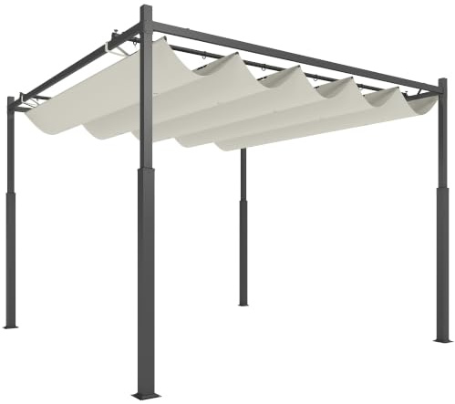 Outsunny Pérgola de Jardín 3x3 m con Techo Retráctil UV30+ Blanco Crema | Accesorio Magnético, Cenador de Jardín, Columnas Metálicas, Ganchos, Pabellón para Patio Terraza Exterior