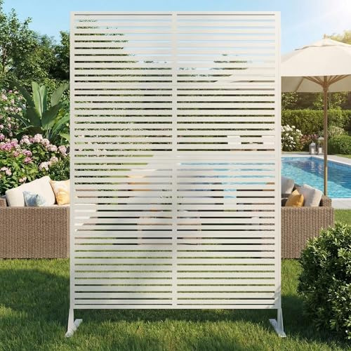 Sichtschutz Metall, Freistehender Paravent 180x120 cm, Wetterfester Sichtschutz Für Garten Terrasse Balkon Outdoor Deko, Raumteiler Mit Ständer, Verzinkter Stahl, Horizontalstreifen Weiß