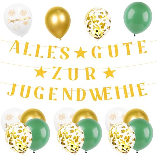 Alles Gute zur Jugendweihe Banner, Glitzer Gold Endlich Erwachesn Girlande | mit 16 Jugendweihe Deko Luftballons, für Junge Mädchen Hintergrund Erwachsene Partyfeiern Hängende Deko