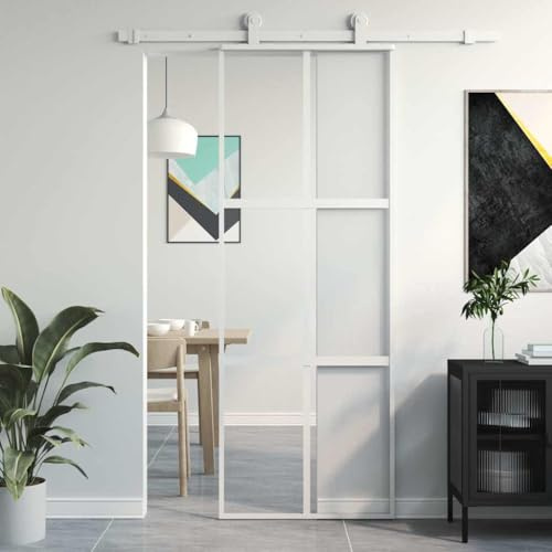Puerta corredera blanca 76 x 205 cm vidrio templado aluminio con línea vertical, puerta interior con marco completo, puerta corredera juego completo para habitaciones, diseño moderno, duradero y