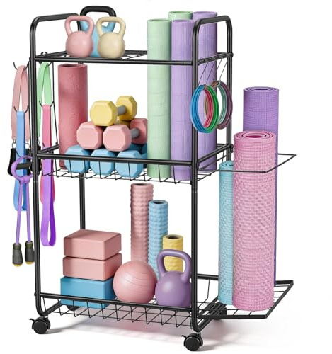 Home Gym Storage Rack, 3-Tier Dumbbell Rack, Yoga Mat Storage Racks with Anti-Slip Wheels, Heavy Duty Weight Stand for Dumbbell, Kettlebell, Yoga Mat, Foam Roller, Oversized Brake Pedals