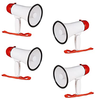 Relaxdays 4X Megafon Stadion, Bullhorn mit klappbarem Griff und Schlaufe, lustiger Ole Sound, Megaphon, 10 Watt, rot/weiß