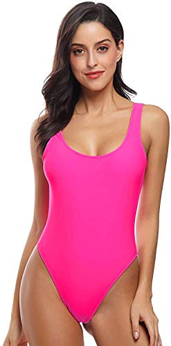 MIAIULIA Damen-Badeanzug im Retro-Stil der 80er-/90er-Jahre, hoch geschnitten, tiefer Rückenpolsterung, einteiliger Badeanzug, Hot Pink mit Polsterung, Small