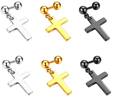 Flongo Herren Ohrstecker Creolen Damen Kreuz Ohrringe, Edelstahl Ohrstecker Ohrringe Silber Schwarz Gold Stecker Runden Kreuz Anhänger Männer, Frauen 6 Stück Set