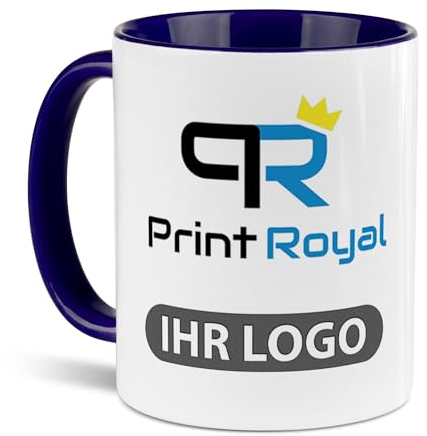 Tassendruck Firmen-Tassen 24 Stück mit eigenem Logo gestalten - Geschenke zum Firmenjubiläum, für Kollegen, Merchandise, B2B | Personalisierte Fotogeschenke, Innen & Henkel Dunkelblau, 300 ml