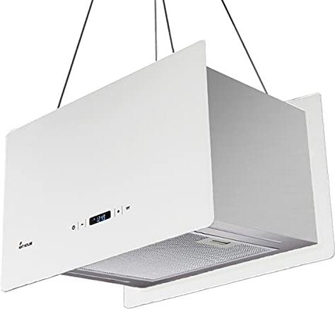 KKT KOLBE Dunstabzugshaube 60 cm Umluft | Inselhauben freihängend | Deckenmontage | Edelstahl | Weißes Glas | SensorTouch Bedienung | CUBE60W