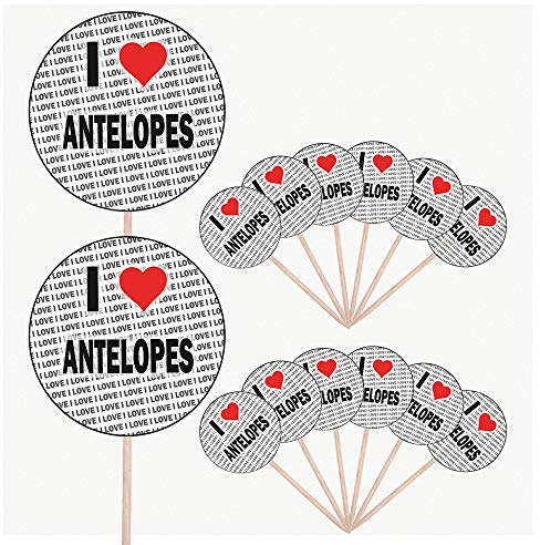 AK Giftshop I Love Antelopes - Party Food - Cake Cupcakes - Picks Sticks - Food Flags - Stand Up Decorations Toppers (14 Pack)