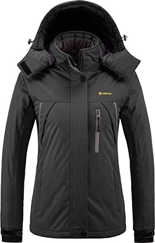 GEMYSE Damen Wasserdichte Berg-Skijacke Winddichte Fleece Outdoor-Winterjacke mit Kapuze (Eisen Grau,L)