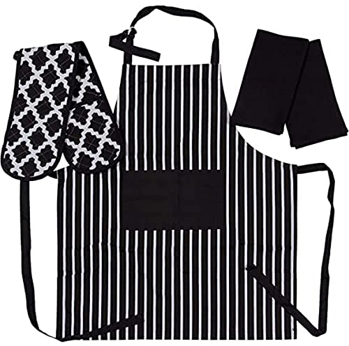 Penguin Home Delantal de, Guante Doble para Horno y 2 paños de Cocina – 100% algodón – Suave, Duradero, Resistente al Calor y súper Absorbente, algodón, Negro/Blanco, 70 X 90, 18 X 90, 45X 65 cm