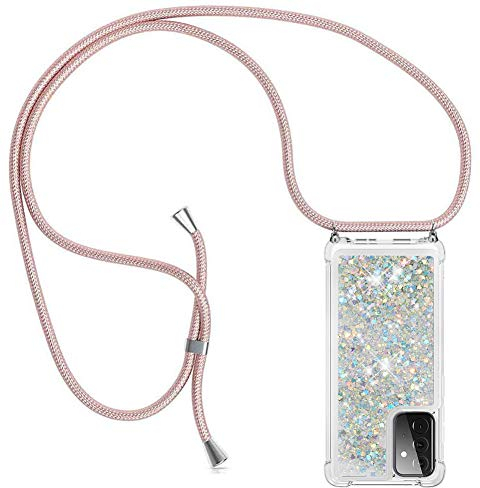 YuhooTech Handykette Hülle Kompatibel mit Samsung Galaxy A72 5G - Quicksand Glitzer Hülle mit Band - Silikon Handyhülle mit Kordel Umhängenband - Schnur mit Treibsand Case zum Umhängen