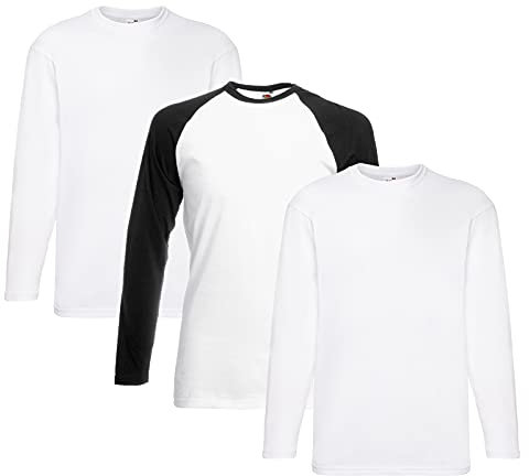 Fruit of the Loom Valueweight Langarm-T-Shirt für Herren, 2 x Weiß + 1 x Weiß-Schwarz + 1 x Hlkauf Notizblock, 3XL