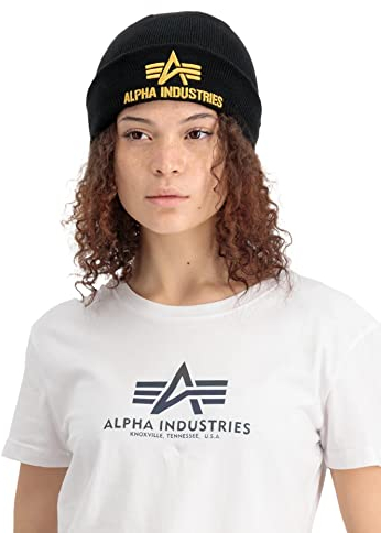 Alpha Industries Herren 3D Strickmütze aus Acryl Beanie-Mütze, Black/Yellow Gold, Einheitsgröße