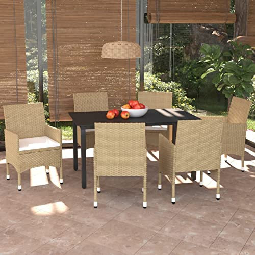 Gecheer 7-TLG. Garten Essgruppe mit Kissen Möbelsets Gartenmöbel Polyrattan Garten Sitzgruppe Gartengarnitur Garten Essgruppe Outdoor Terasse Poly Rattan Beige