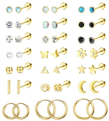 ADRAMATA 21 Paar Ohrstecker für Damen Herren 20G Vergoldet Flache Rückseite Knorpelohrringe Edelstahl Ohrringe Hypoallergen CZ Mondstein Opal Ohrstecker Set