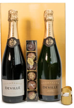 DUO CHAMPAGNER - Geschenkkorb mit Schokolade in edler GOLD Magnetbox - Gourmet Degustation - Party Geschenkidee für Frauen und Männer. Zum Geburtstag, Hochzeit, und weitere Anlässe