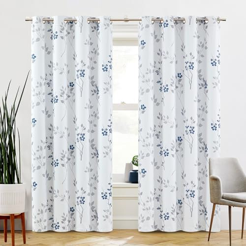 Beauoop Blue Grey Floral Blackout Curtains for Living Room Bedroom 90 Inch Drop Leaf Print White Eyelet Curtain Botanical Thermal Insulated Noise Reducing Window Curtain Drapes 2 Panels