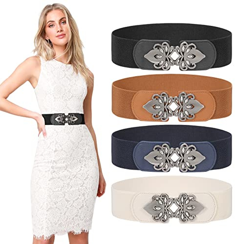 LEACOOLKEY 4 Pieces Women's Wide Elastic Belt Stretch Elasticated Waist Belts Cinch Belt Vintage Belt Women Belts for Dresses(Suitable for waist 42''-49'',Black+Brown+Blue+Beige)